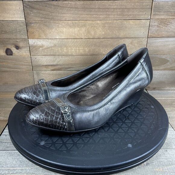 AGL Womens Size 9 Leather Ballet Wedge Heels Gray/Silver Snakeskin Toe Eur 39 - Picture 2 of 10